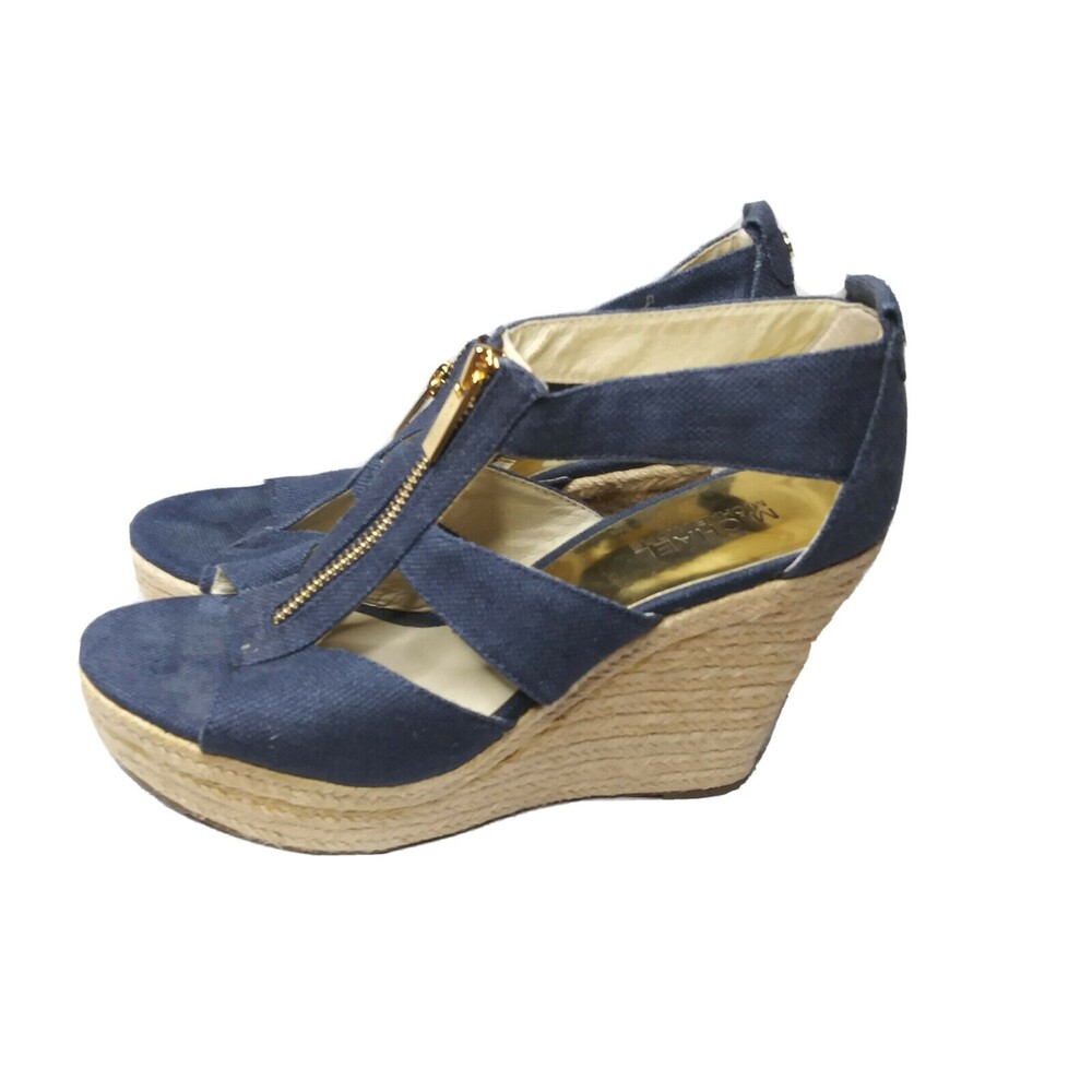 Michael Kors Damita Wedge Heels Shoes Size 6.5 Blue Gold Zip Accent